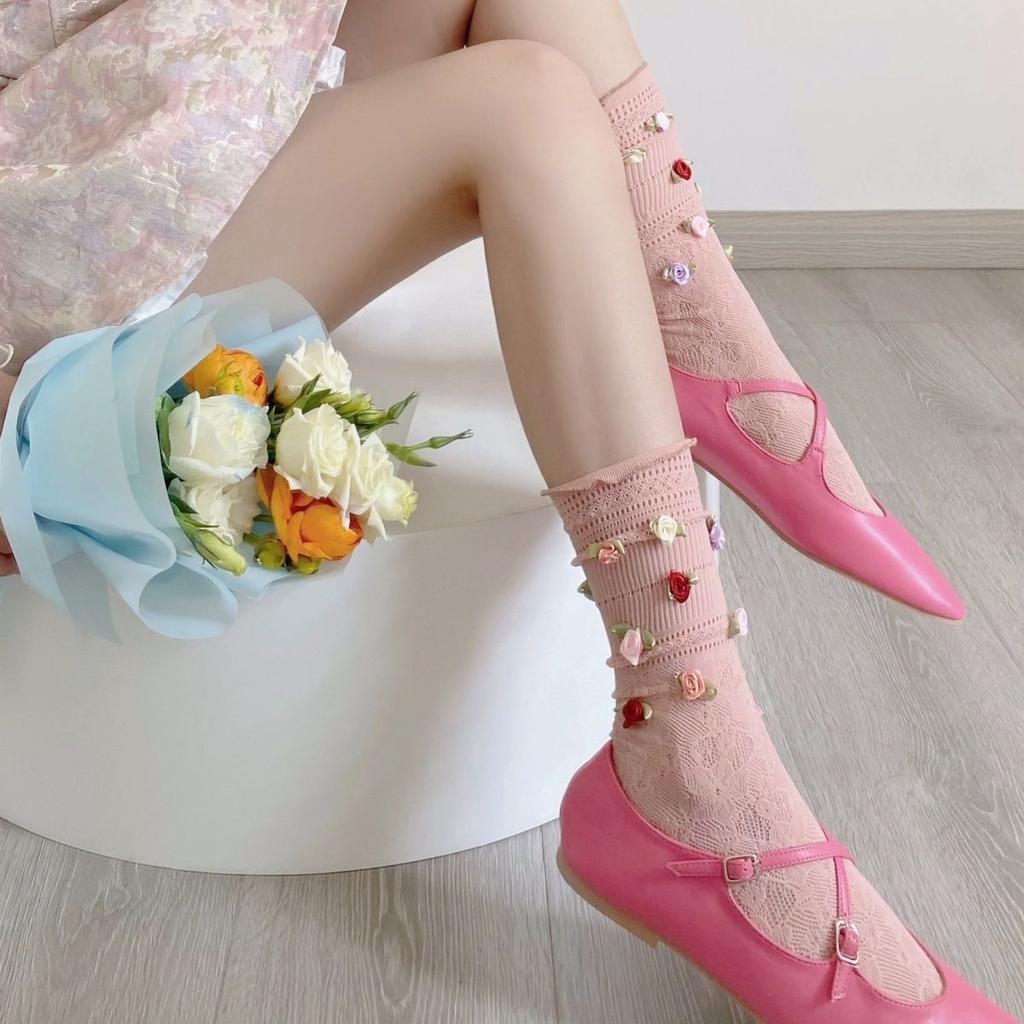 1 Paio Estate Nicchia Fuga Francese Rose Carine Dolci Belle Fiori di Pizzo Ragazza Calzini Traspiranti Calzini a Coste Media Lunghezza