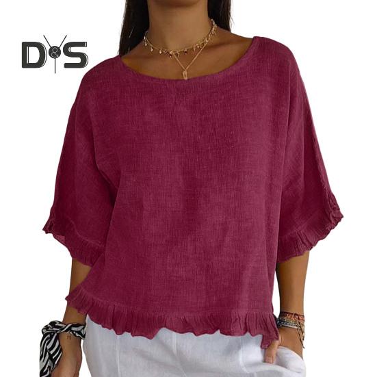 

Жіноча коротка рукавна блузка весна-літо з круглим вирізом, повсякденна вільна посадка, пуловер, сорочка для щоденного офісу, вечірки, подорожей XL вина червоного кольору