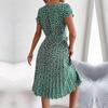 Spring Summer Women Short Sleeve Floral Pleated High Waist A Line Long Dress