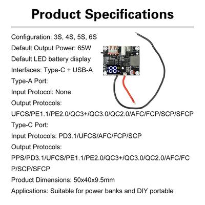 65W Mobile Power Module Bidirectional Fast Charging DIY Circuit Board Dual Interface Type-C USB-A for 3-6S Battery
