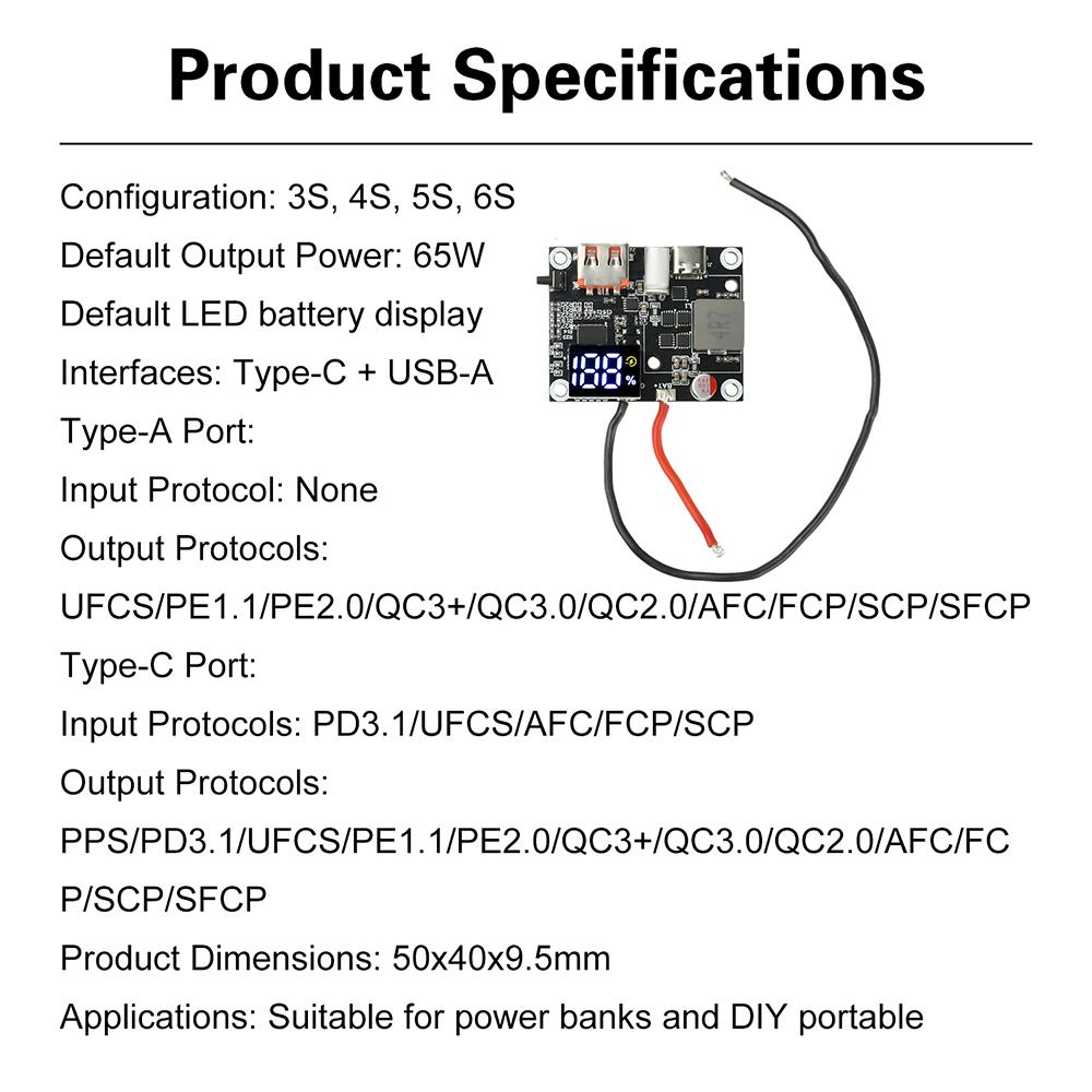 65W Mobile Power Module Bidirectional Fast Charging DIY Circuit Board Dual Interface Type-C USB-A for 3-6S Battery