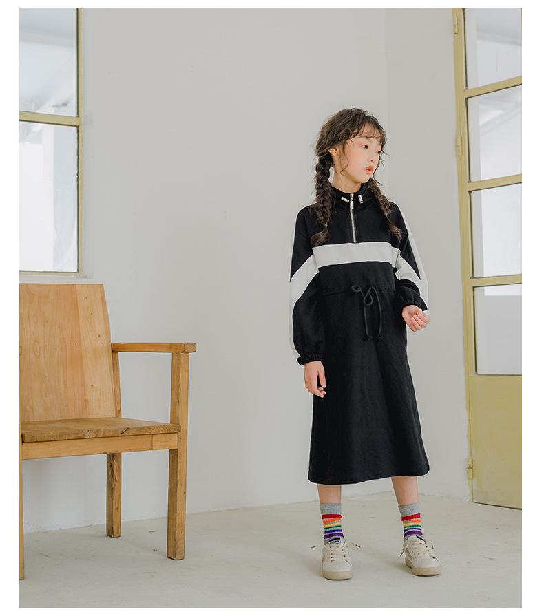 Spring/Autumn 2024 Girls' Casual Patchwork Stand Collar Long Sleeve Dress for Parent-Child