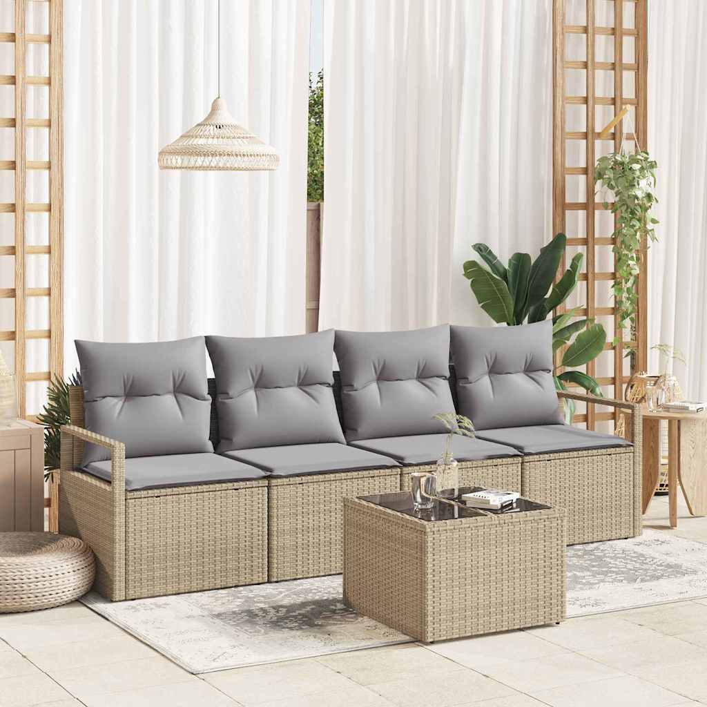 Sofa Set with Cushions 5 pcs Beige and Grey Poly Rattan