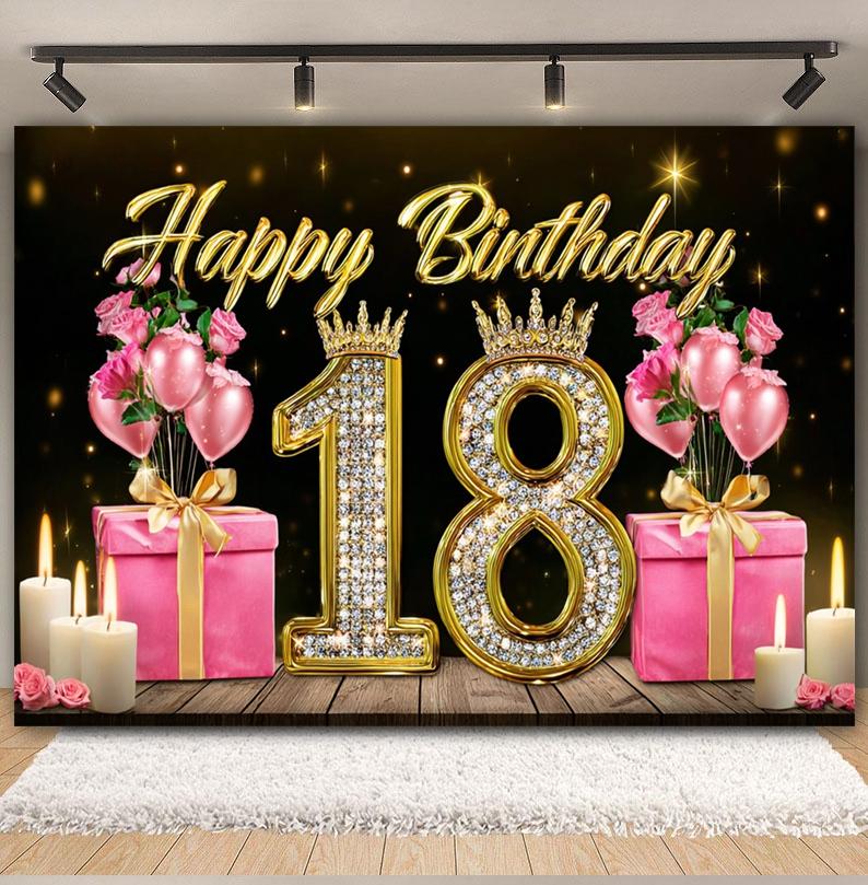 Black and Gold Balloon Gift Theme 18th Birthday Banner Backdrop Cloth Adult Gift Birthday Party Decoration Photography Backdrop