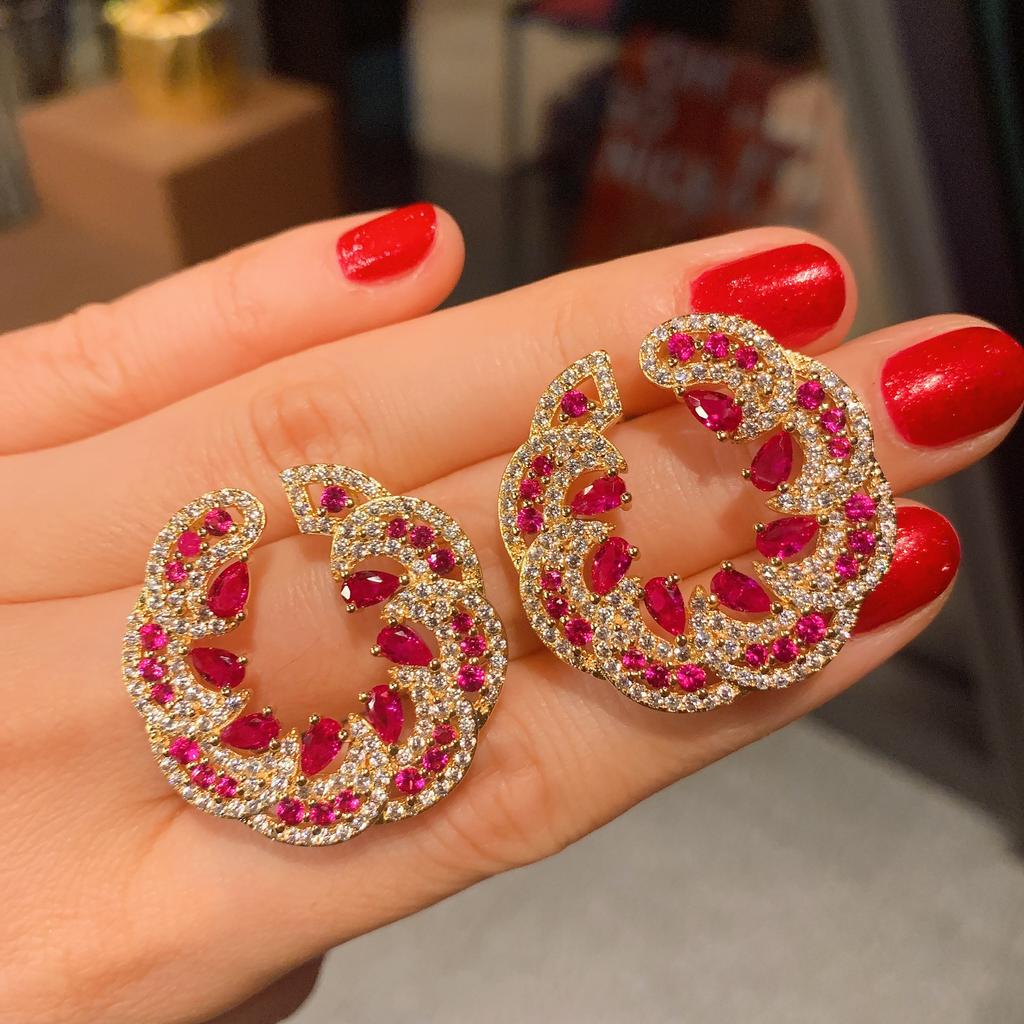 Jewelry Temperament Women'S Earrings Style Emerald Red Treasure Exaggerated Large Stud Earrings Earrings Full Of Diamonds