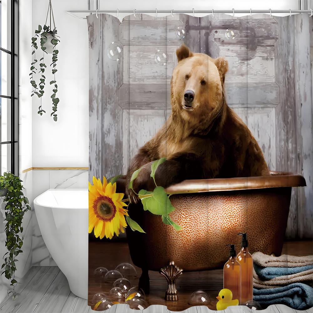 Braunbär Wanne Sonnenblume Duschvorhang, Badezimmer Dekorativer Duschvorhang, Wasserdichter Duschvorhang mit Haken