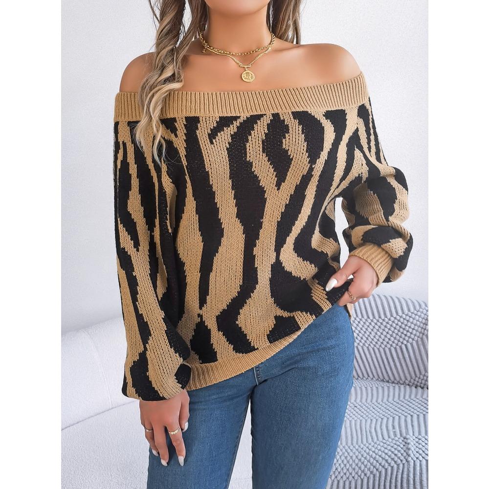 Autumn and Winter Casual Contrasting Color One-line Collar Off-shoulder Lantern Sleeve Sweater