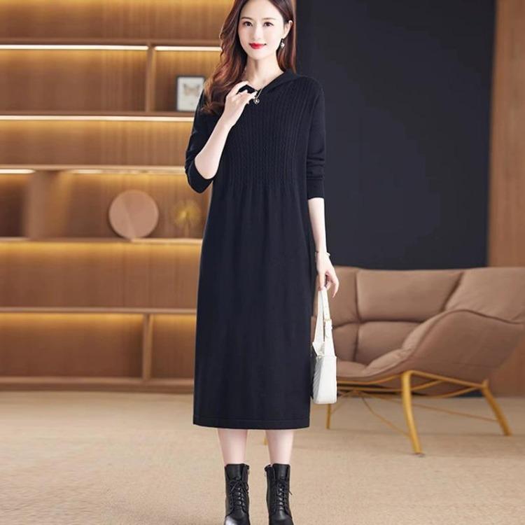 

Autumn Green Knitting Sweater Dress Women Elegant Loose Casual Stripe Long Maxi One Size чёрный
