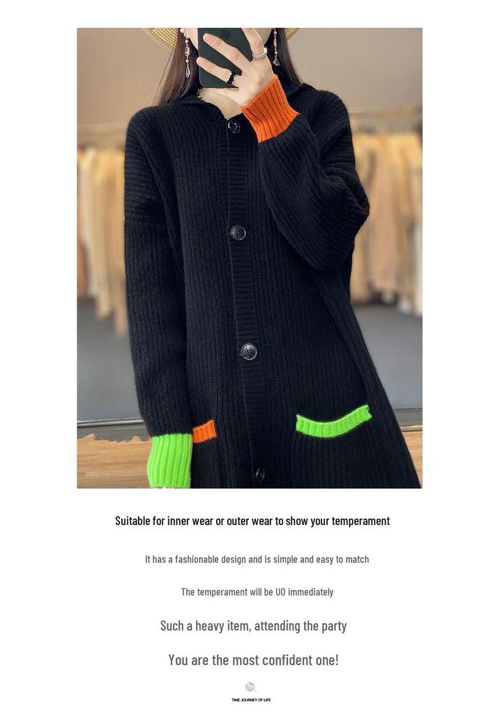 Cardigan di lana con cappuccio: Vestibilità Ampia, Lunghezza Medio-Lunga, Lavorazione Spessa per Autunno/Inverno, Maglione da Donna Stile Coreano