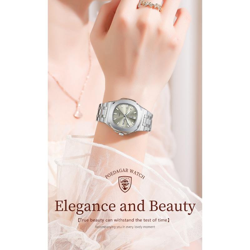 POEDAGAR Square Woman Watch Date Week Waterproof Luminous Ladies Watch Stainless Steel Quartz Fashion Watches Gift