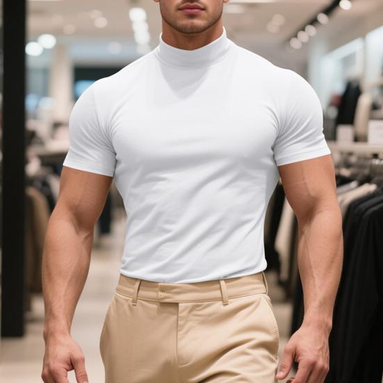 Men Casual T-shirt Half High Collar Short Sleeve Slim Fit Pullover Tops Solid