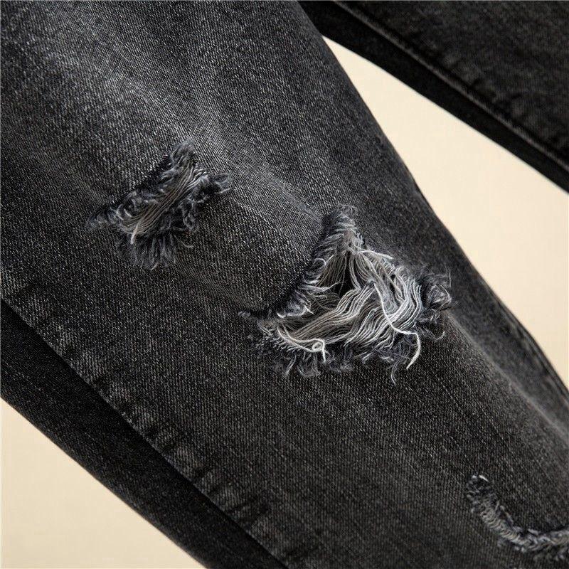 Women's High Waist Smoky Gray Ripped Jeans - Korean Style Slim Straight Harem Pants