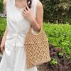 New Wooden Handle Rattan Handle Solid Color Hollow Handmade Cotton Rope Woven Bag Seaside Vacation Handbag Straw Bag