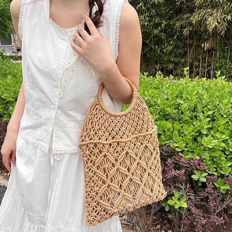 New Wooden Handle Rattan Handle Solid Color Hollow Handmade Cotton Rope Woven Bag Seaside Vacation Handbag Straw Bag