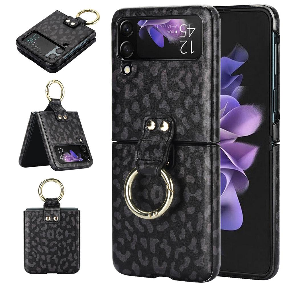 Leopard Print Ring Phone Case For Samsung Galaxy Z Flip 7 6 Flip 5 Flip 4 3 Rhombic Leather Cover Coque