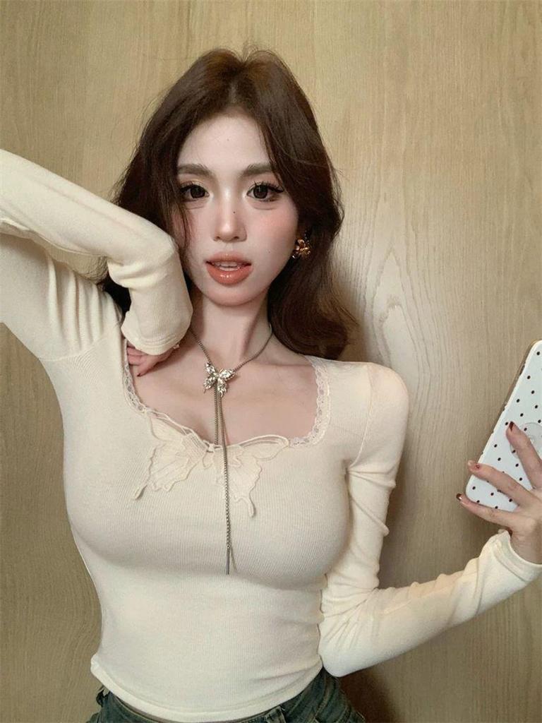 Chic Square-Neck Long-Sleeve Slim-Fit Women's Top