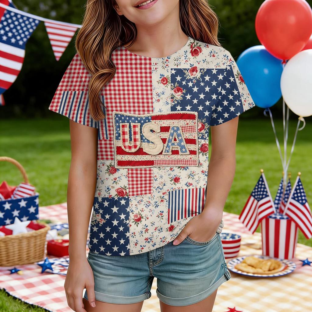 Kids Independence Day Print Round Neck Short Sleeve Casual T-shirt