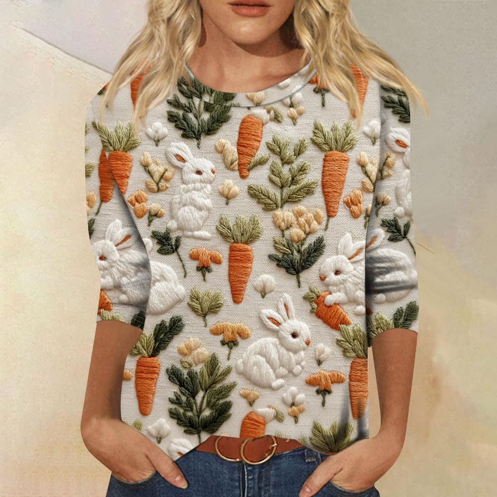 Modny Damski Casualowy Sweter z Krótkim Rękawem i Nadrukiem Wielkanocnym, Okrągły Dekolt