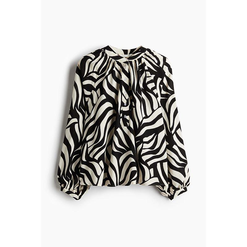 

HM Women s Shirt 2025 Autumn New Arrival Print Elegant Breathable and Loose French Bishop Sleeves Top 1219130 Light beige/Black pattern 155/76(XXS)