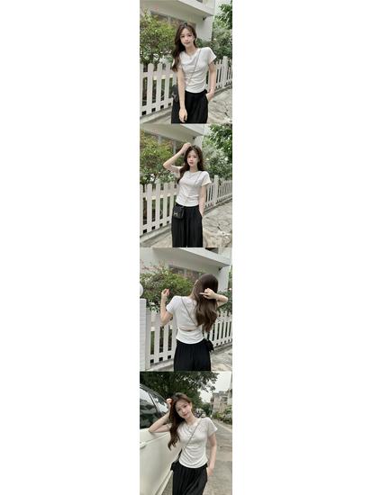 Women's Summer Slim Fit Pleated Short Sleeve T-shirt with Back Cutout