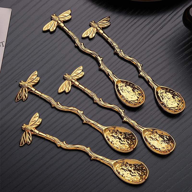 Retro Kovová Kávová Lžička Vážka Větve Listy Tvar Zmrzlina Dort Dezert Mléko Míchací Lžička Kuchyňské Gadžety Nádobí