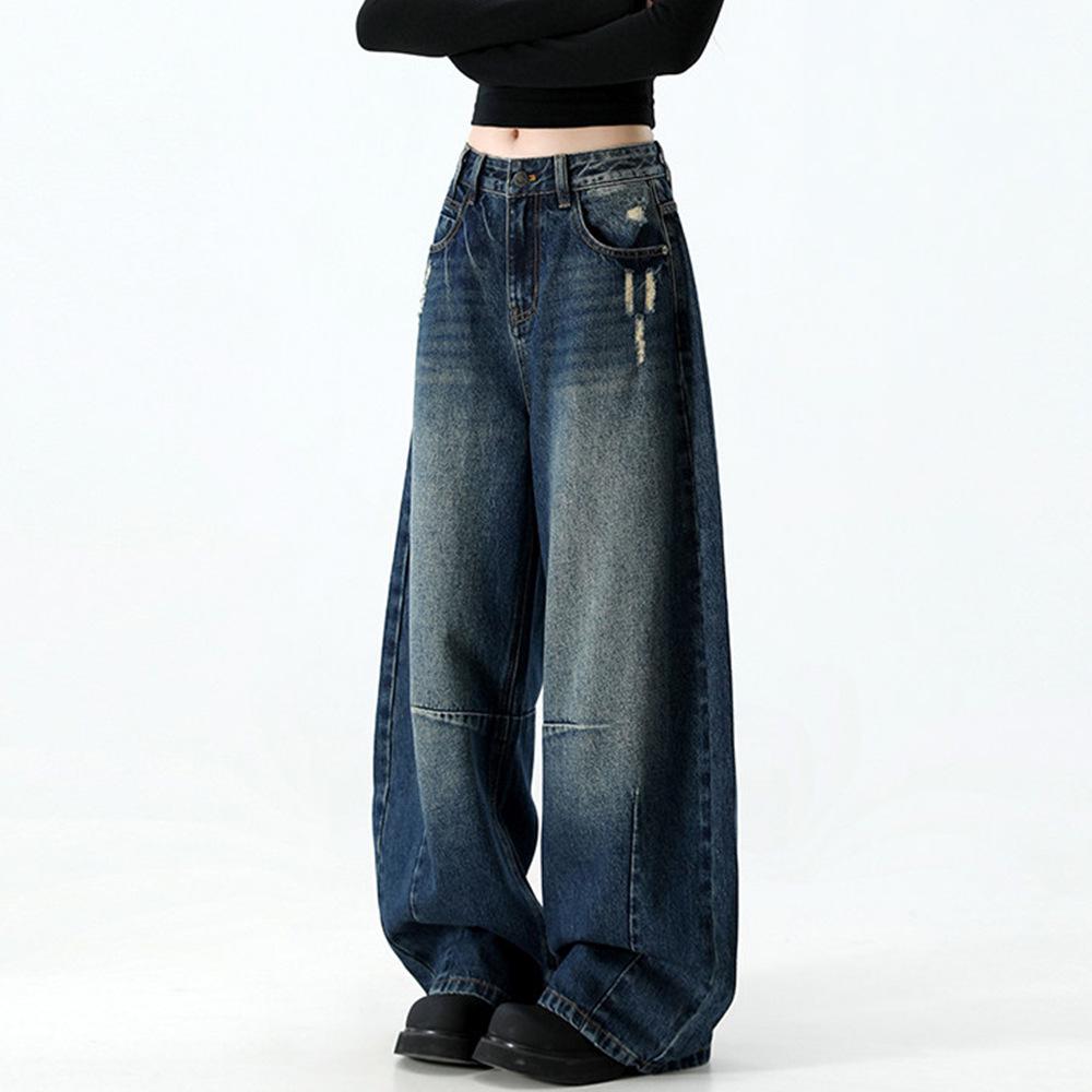 

American Retro High-Waisted Blue Washed Wide-Leg Jeans for Women - Trendy Spring/Autumn Loose Slimming Straight Pants XS