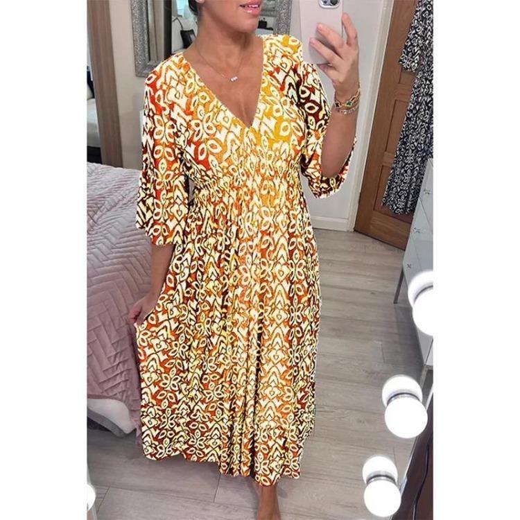 Sommer-Maxikleider für Damen Übergröße Floral Locker V-Ausschnitt Lässig Urlaubs-Strand-Outfit