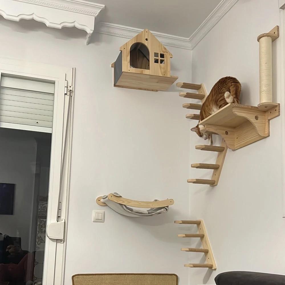 Cat Wall Furniture Wall-Mounted Cat Climbing Frame Tree Tower Plush Hammock House Sisal Scratching Post Indoor Cats Playground