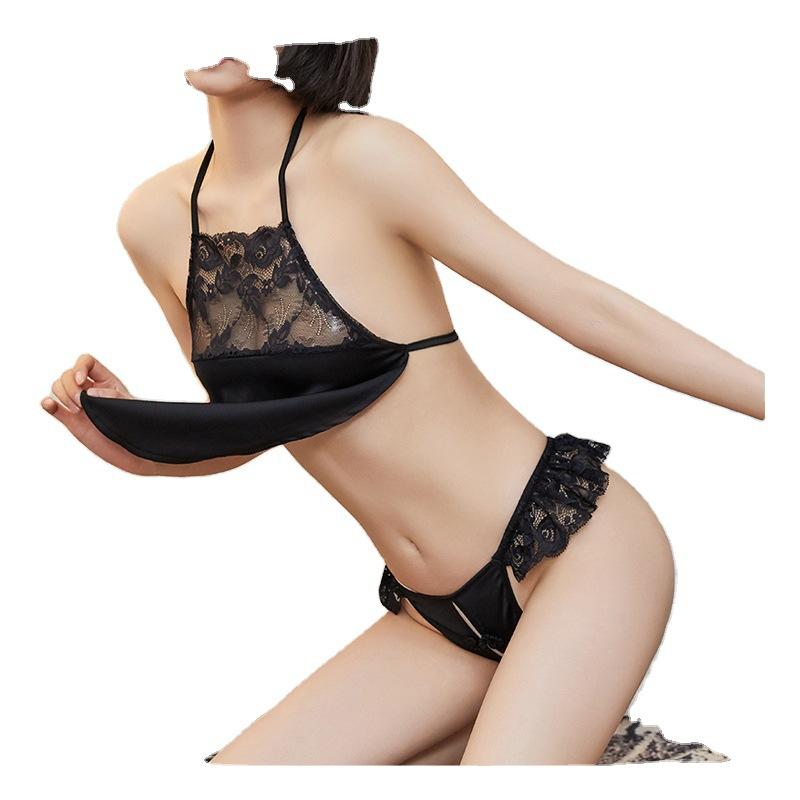 Sexy lace belly pocket set, female ice silk thin fun two-piece set, hot open crotch sexy perspective fun belly pocket