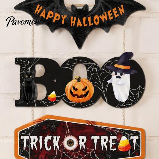 Seasonal Wall Hanging Plaque Happy Halloween Wooden Sign, Cute Bat Ghost Pumpkin Boo Door Hanger, Trick Indoor Holiday Hanger or Treat Sign for Party,