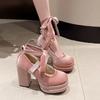 Zapatos Mary Janes de plataforma de moda para mujer, zapatos de ante de lujo con tacón alto y cordones, zapatos Lolita de tendencia, elegantes y gruesos para fiesta, zapatos de mujer