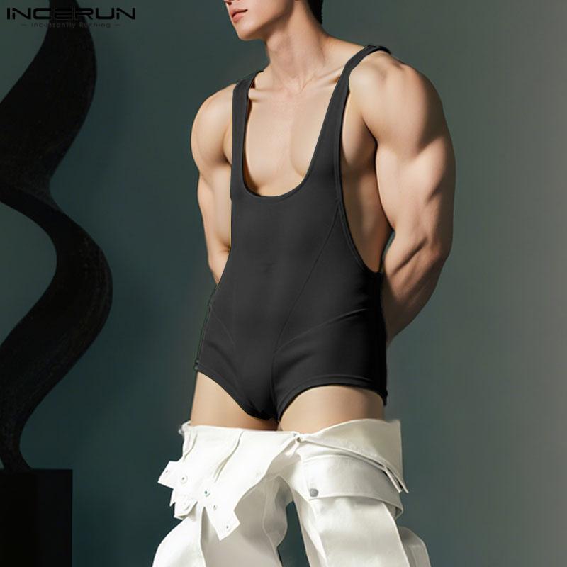 INCERUN Herren Tief ausgeschnittene Ärmellose Halbtransparente Ripp-Jumpsuits Romper Bodysuits Unterwäsche