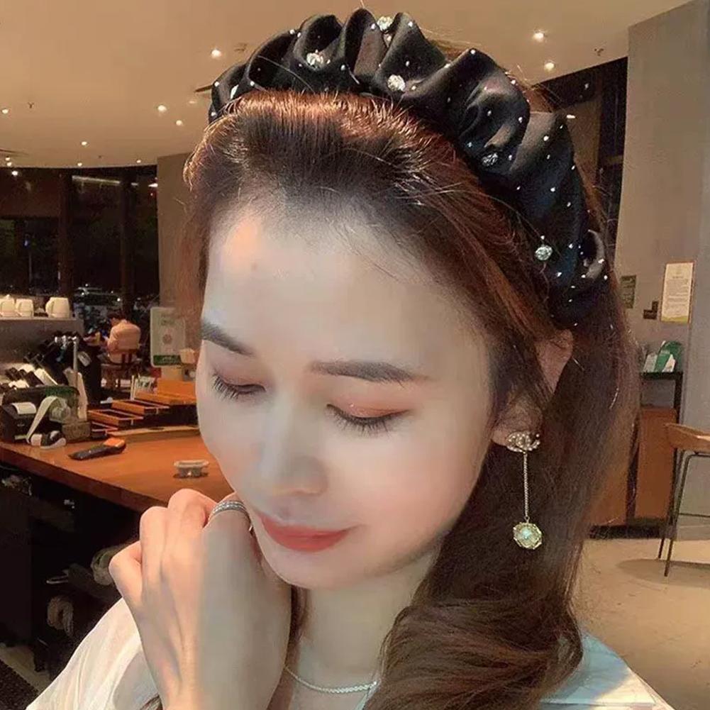Luxuriöse Strass Haarbänder Für Frauen Einfarbig Mode Haar Bands Hoop Falten Stirnbänder Ha K2P6