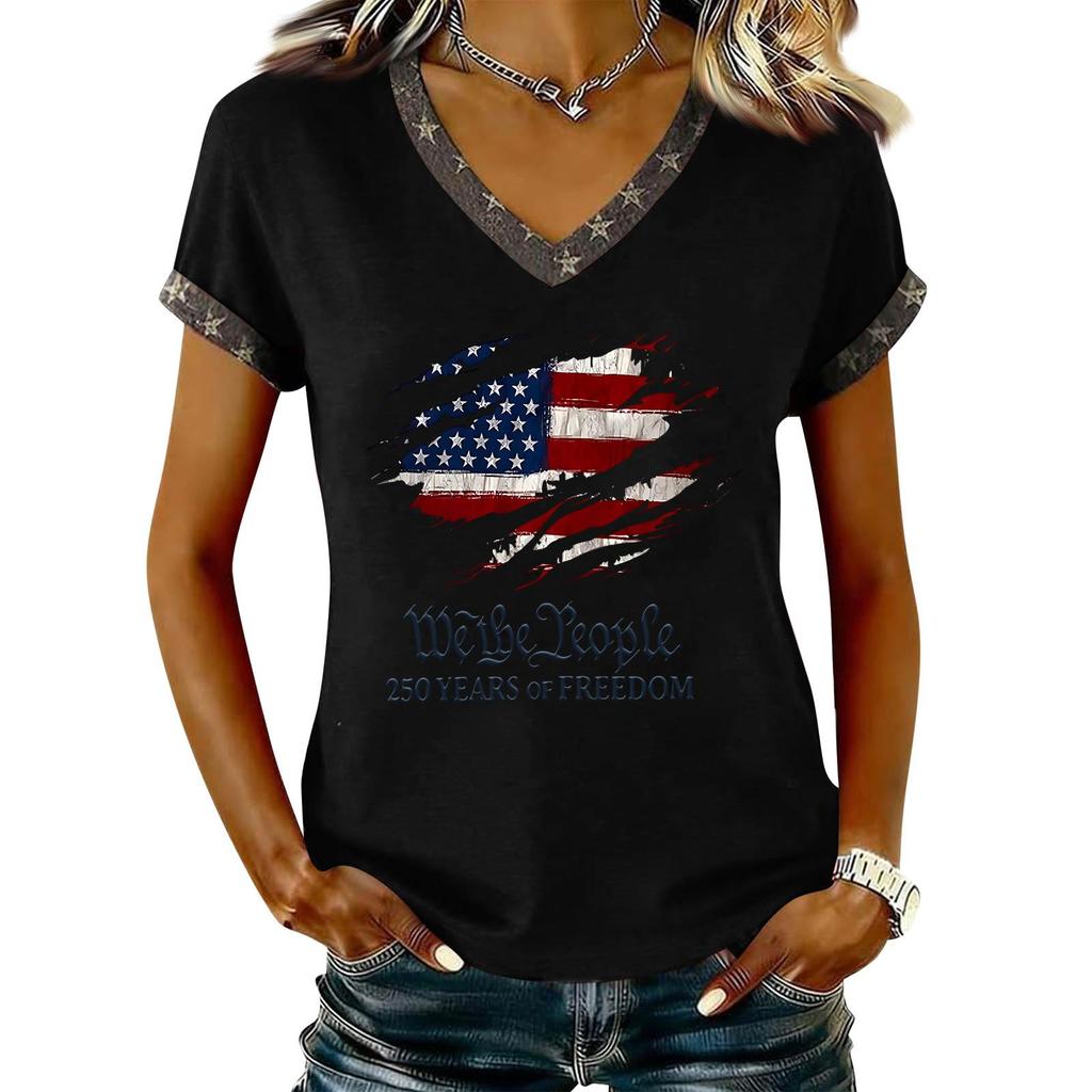 Damen Lässiger V-Ausschnitt Kurzarm Pullover Bedrucktes T-Shirt Top