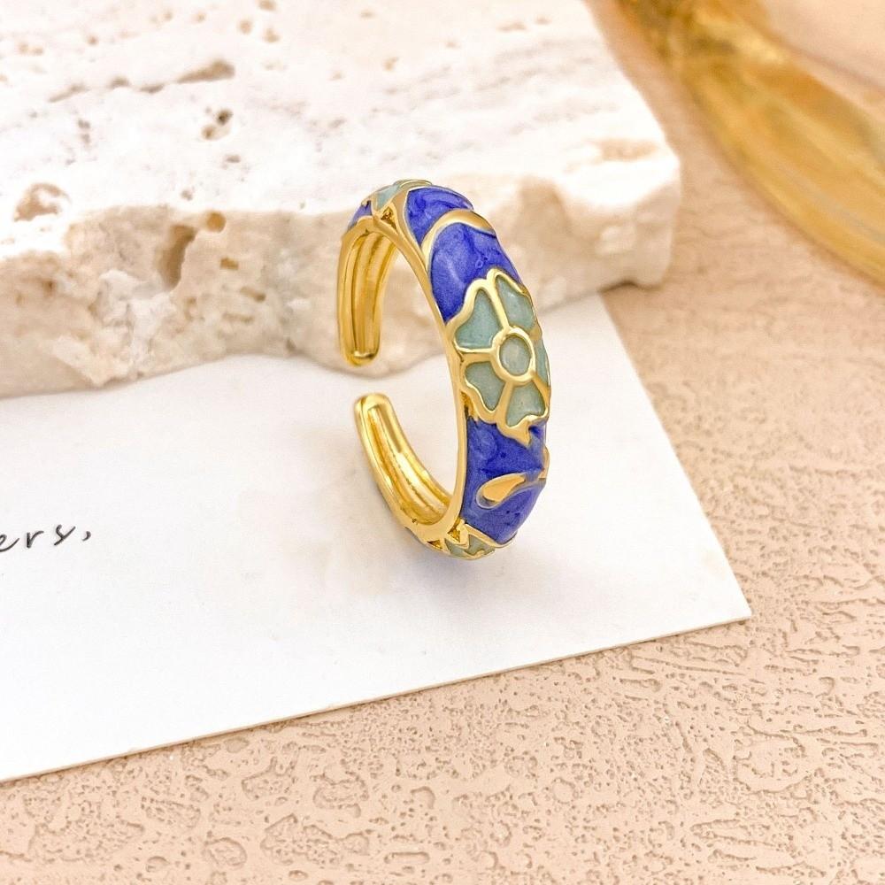 Unique Enamel Dot Open Ring Chinese Style Adjustable Ring Elegant Bohemian Ring  Women