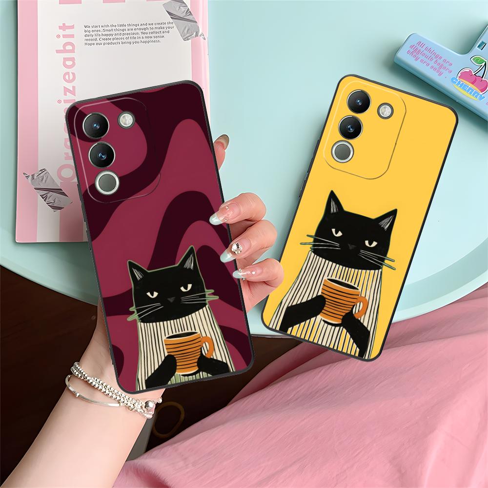 Cute Coffee Cat Matte TPU Mobile Phone Case for VIVO V60 V50 V40 V30 V29 V27 V25 V23 Pro Lite 5G Colorful Printing Cover