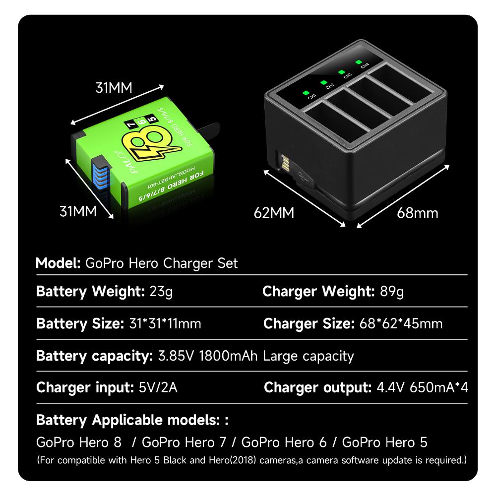 For GoPro 8 7 5 6 battery+4 Solts LED Light Battery Charger Storage Box With usb cable For Gopro Hero 8 7 hero 5 HERO 6 Camera