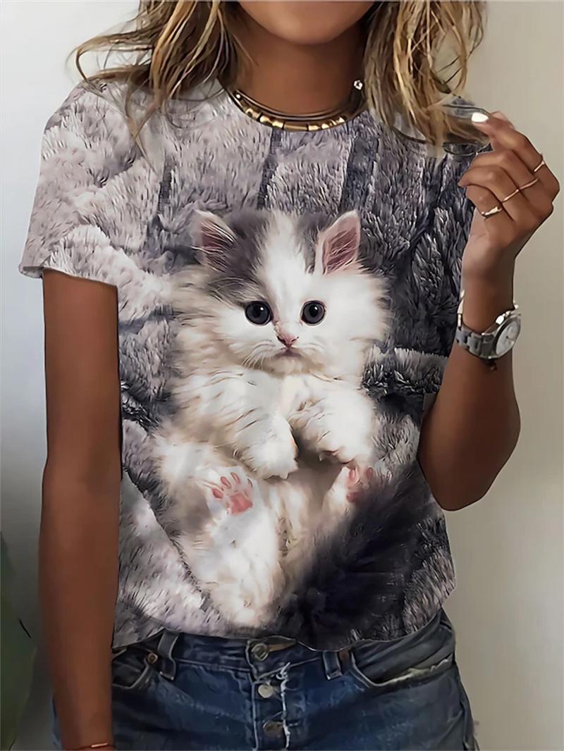 

3D Cat Printed Pretty Women s Clothing Female Funny Animal Print Short Sleeve T Shirt Tops XXS