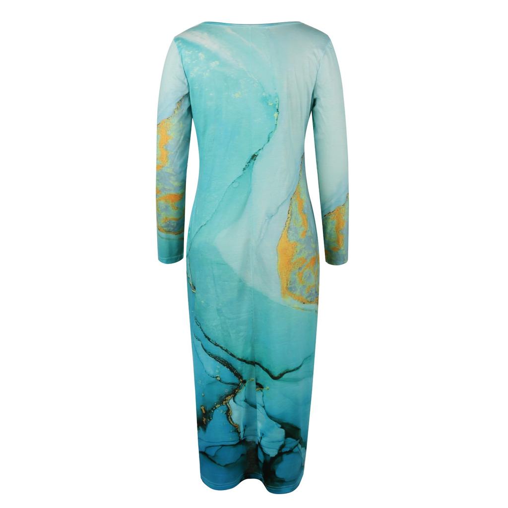 Women's  And Winter Printed Round Neck Long Sleeve Dress With Pockets