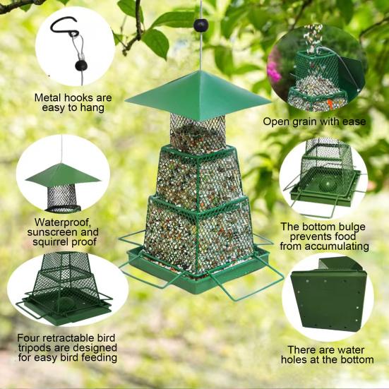 Hrănitor metalic pentru păsări cu 3 niveluri, suspendabil, hrănitor pentru colibri, distribuitor de hrană pentru păsări, plasă pliabilă