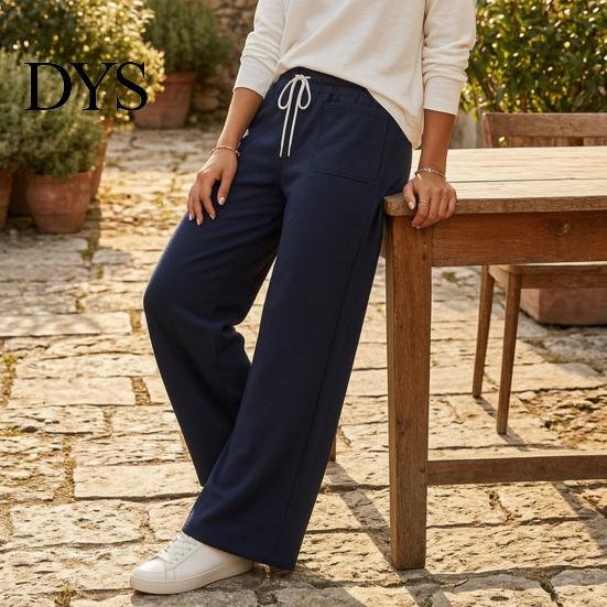 Lounge Wear Pants Women Wide Leg Pants, Drawstring Waist Loose Casual Adjustable Trousers Trousers, Solid Color Palazzo with Pockets