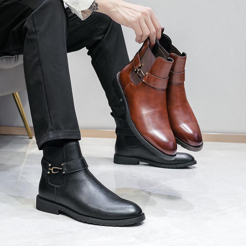 Fashion Golden Sapling Fashion Men Chelsea Boots PU Leather Man Business Shoes Big Size 38-46 British Style Mens Wedding Tide Ankle Boot