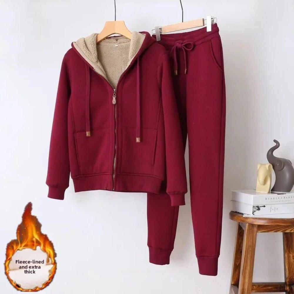 Winter Thicken Fleece Sweatshirts Hoodies Women Two-piece Suit Casual Sports Sets Female Short Coat Straight Pants