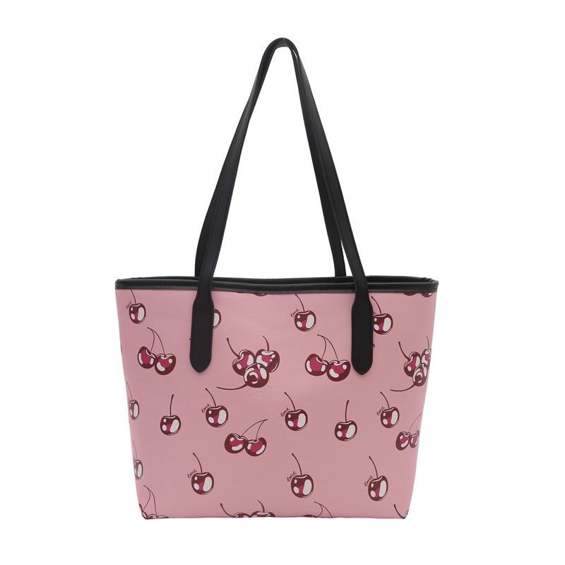 Cherry Print Large Capacity Tote Bag Faux Leather Shoulder Handbag Trendy Street Style Commuter Purse for Women