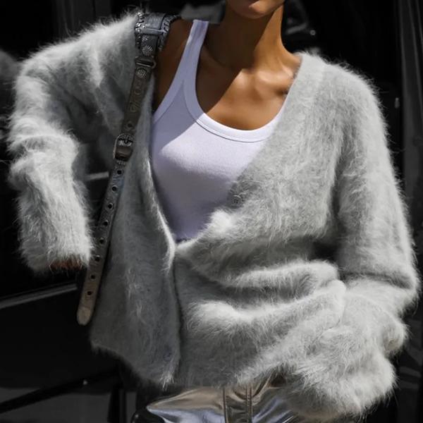 

WTEMPO Мягкие теплые плюшевые пальто с V-образным вырезом на осень-зиму, женские однотонные ветрозащитные куртки большого размера с пуговицами из искусственного меха XXL светло-серый