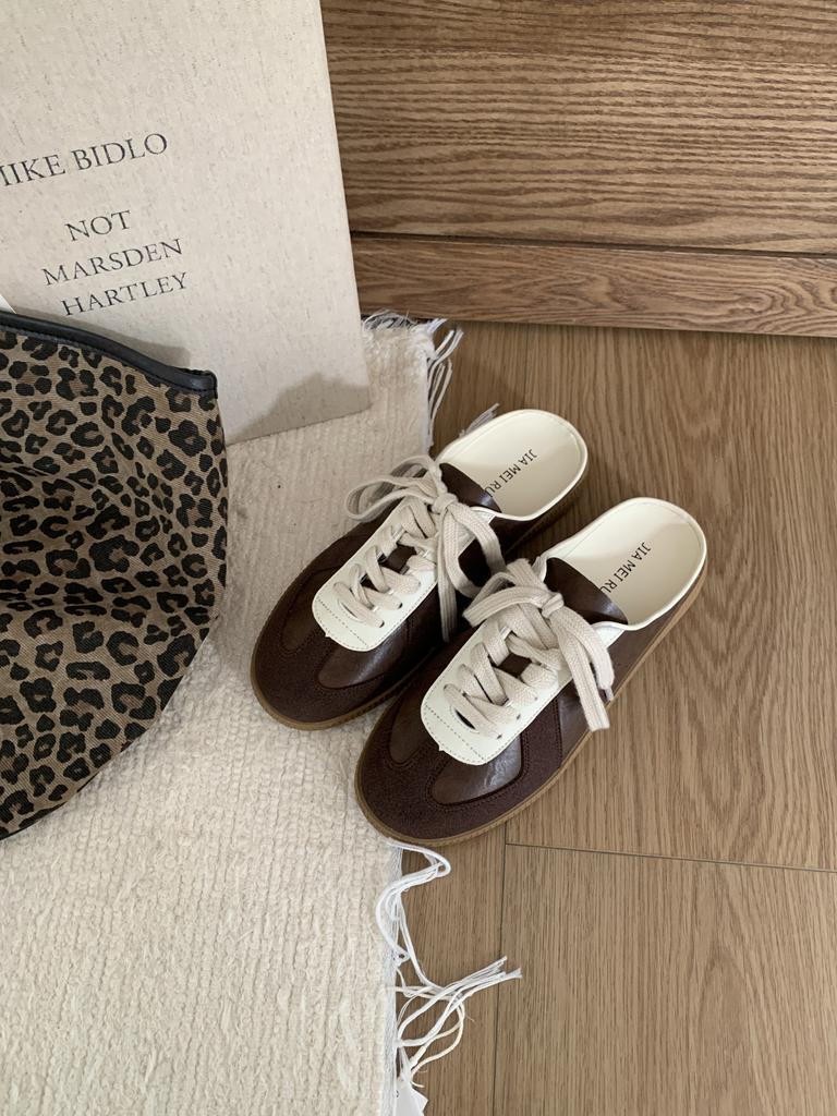 2025 Spring New German Training Shoes Sports Flat White Shoes Lace-up Board Shoes Women's Casual Lace-up Color Matching Slippers