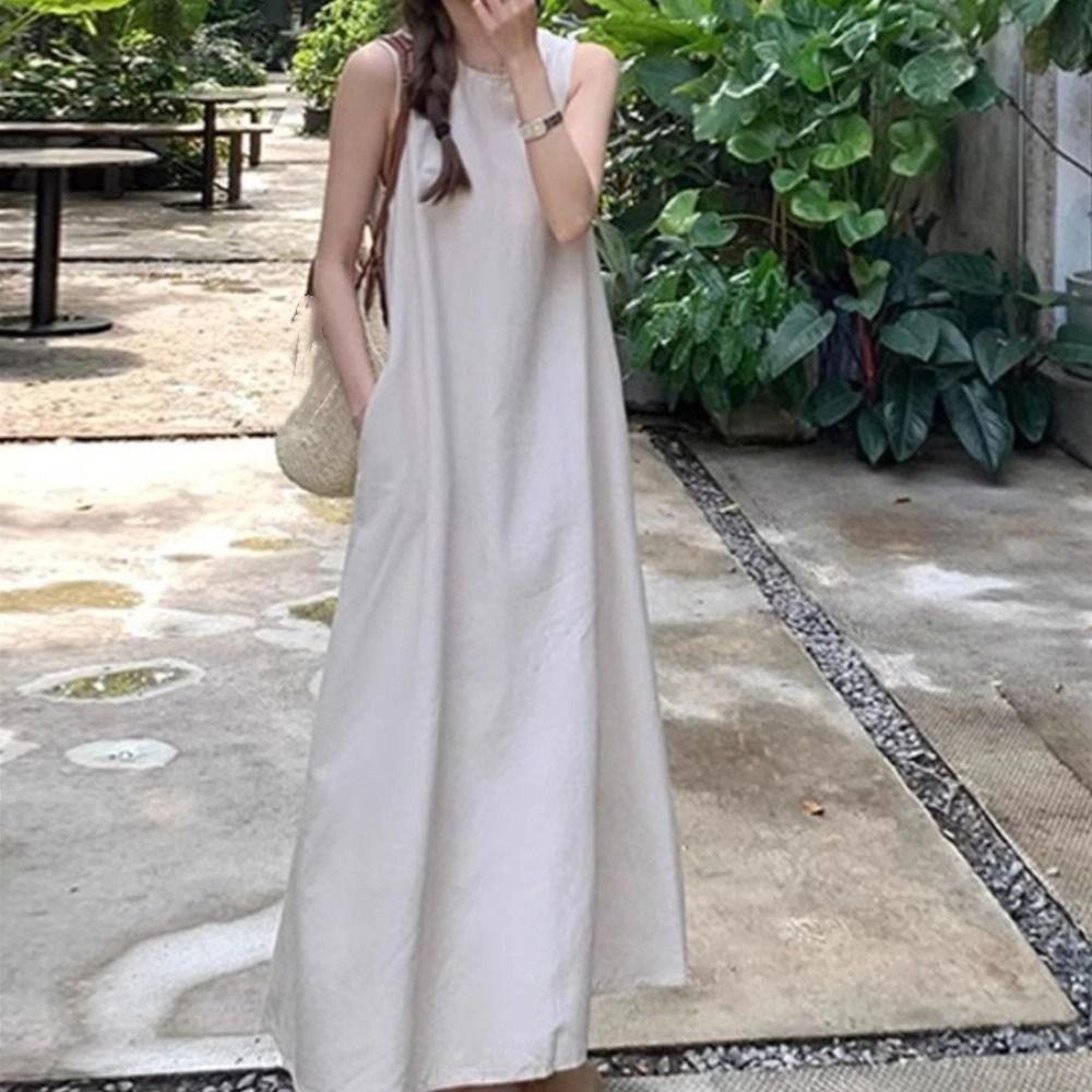 Solid Summer Sleeveless Dress Round Neck Open Back Long Dress Vocation Vest Dresses Students