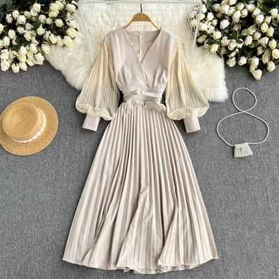 Women Pleated Elegant Belt Solid V Neck High Waist Dresses Lantern Sleeve Vintage Casual Party Holiday Mid Dress