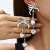 European and American Sweet and Cool Diamond-encrusted Bow Fringed Stud Earrings Women's Ins Wind Metal Chain Love Heart Pendant Earrings