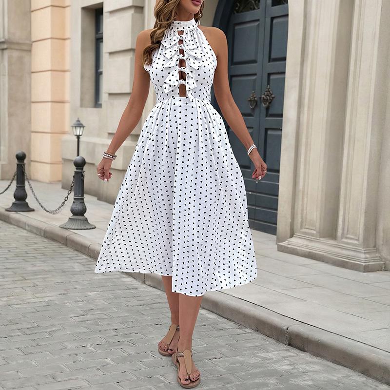 

2026 Summer European Style Sleeveless White Polka Dot Dress - Sexy Hollow Design for Women Small білий